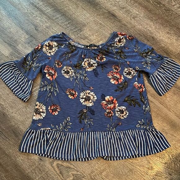 Fred David Floral Stripe Ruffle Hem Bell Sleeve Top Blue Off-Shoulder M Cute - Picture 2 of 8